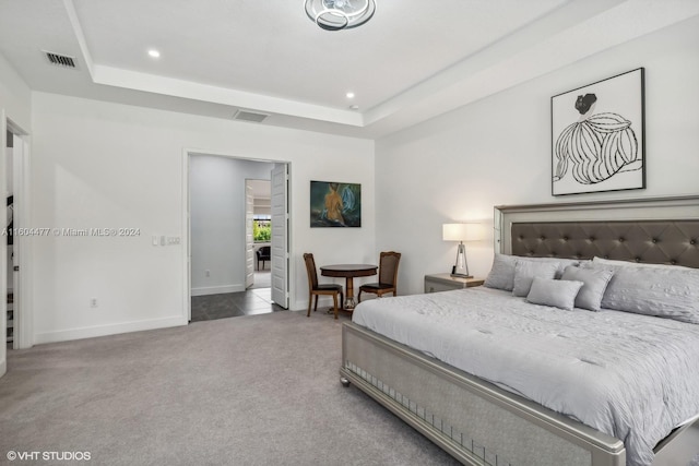 carpeted bedroom featuring a tray ceiling