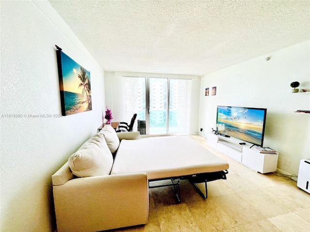 living room featuring a textured ceiling