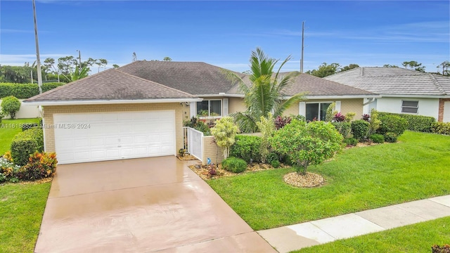 single story home featuring a garage and a front lawn