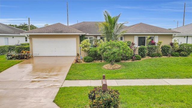 ranch-style home with driveway, an attached garage, a front lawn, and brick siding