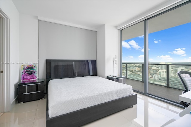 tiled bedroom featuring floor to ceiling windows and access to outside