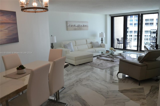 living room featuring expansive windows and an inviting chandelier