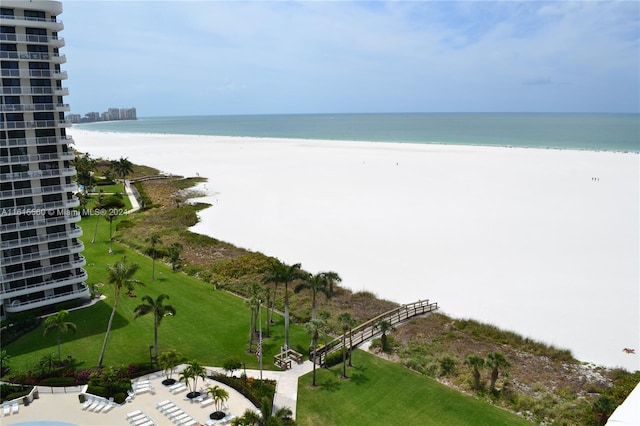 property view of water featuring a beach view