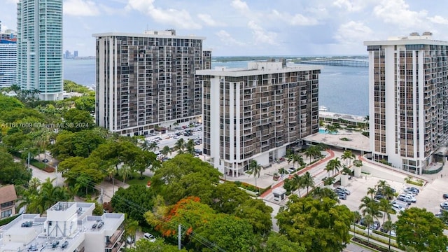 exterior space with a water view