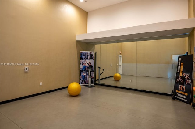 workout area featuring a high ceiling