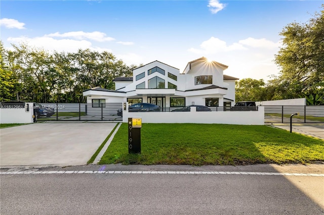 modern home featuring a front yard