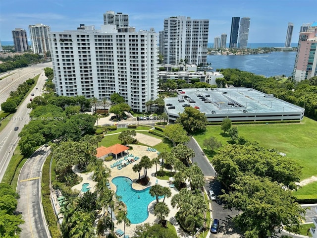 birds eye view of property featuring a water view