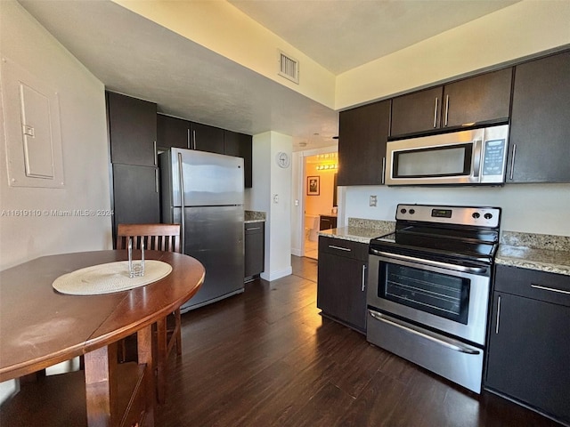 kitchen with stainless steel appliances, dark hardwood / wood-style floors, and electric panel