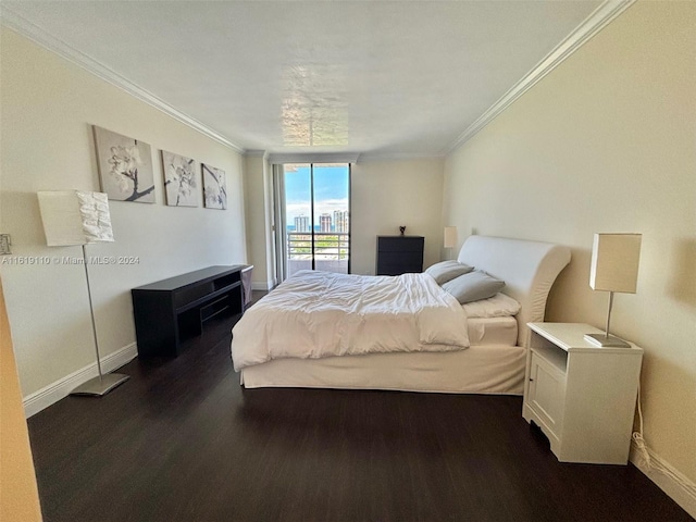 bedroom with floor to ceiling windows, dark hardwood / wood-style flooring, and ornamental molding