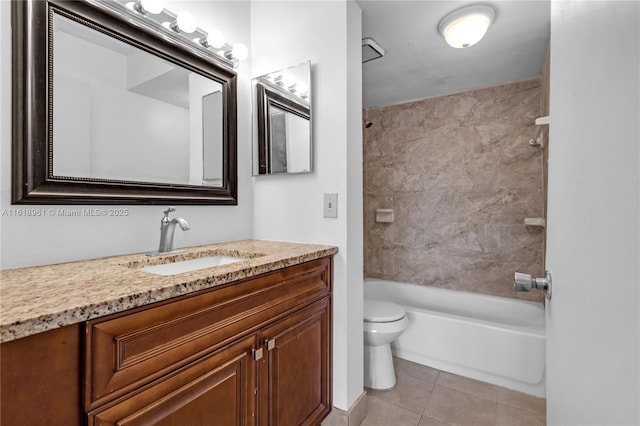 full bathroom featuring tile patterned flooring, toilet, vanity, and tiled shower / bath