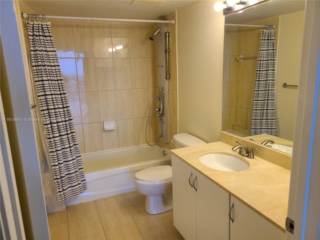 full bathroom with shower / bath combo with shower curtain, toilet, tile patterned flooring, and vanity