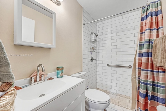 bathroom featuring vanity, a shower with shower curtain, and toilet