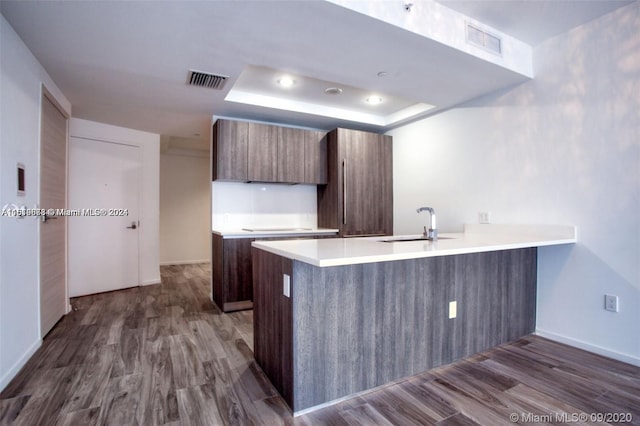 kitchen featuring sink, dark hardwood / wood-style floors, kitchen peninsula, and a raised ceiling