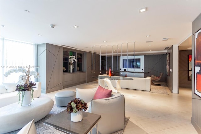 living room featuring light tile patterned flooring