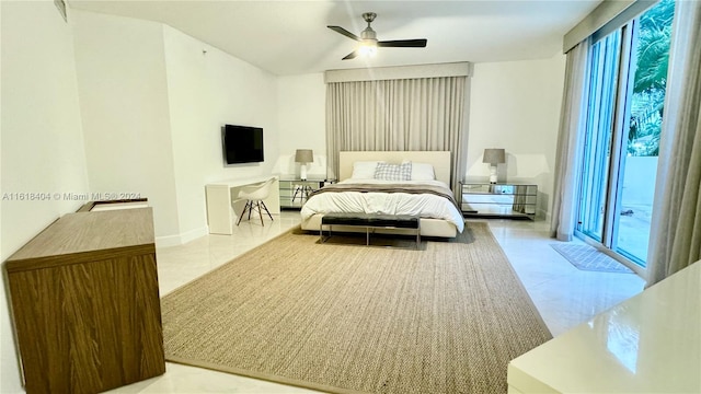 bedroom featuring ceiling fan, light tile patterned floors, and access to exterior