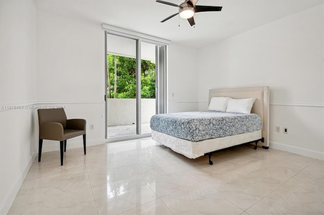 bedroom featuring ceiling fan and access to outside