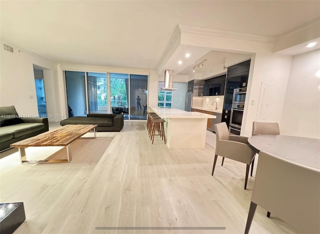 living room with light hardwood / wood-style floors and ornamental molding