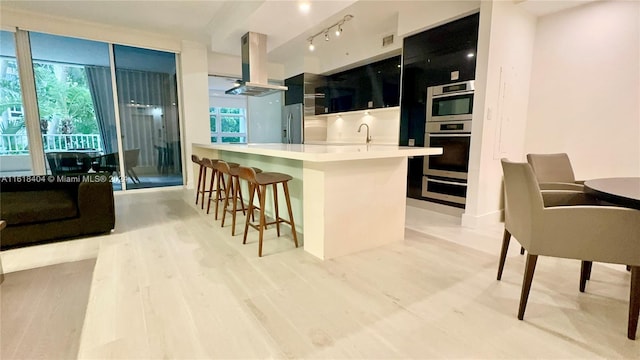 kitchen with kitchen peninsula, a healthy amount of sunlight, extractor fan, and light wood-type flooring