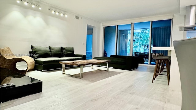 living room featuring hardwood / wood-style floors, track lighting, and expansive windows