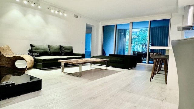 living room with a wall of windows, track lighting, and wood-type flooring