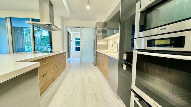 kitchen featuring appliances with stainless steel finishes, sink, light wood-type flooring, and island range hood