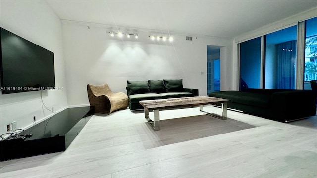 living room with light hardwood / wood-style floors, expansive windows, and track lighting