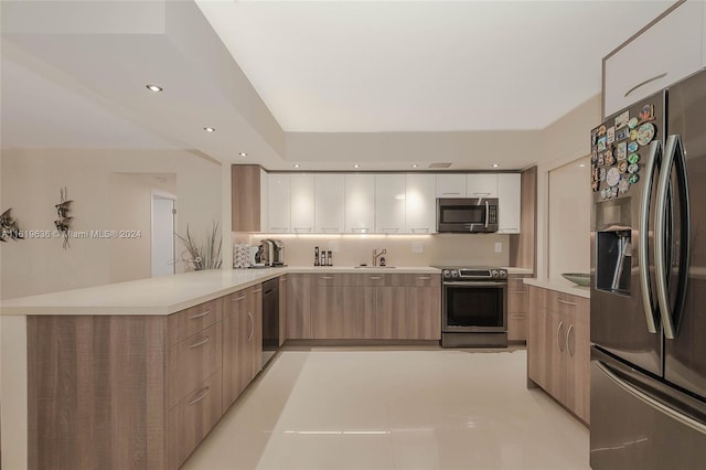 kitchen with appliances with stainless steel finishes, white cabinets, sink, kitchen peninsula, and light tile patterned flooring