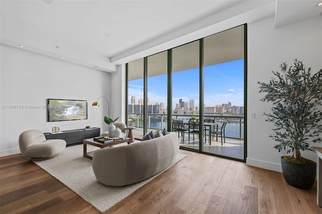 living area featuring baseboards, a wall of windows, and wood finished floors