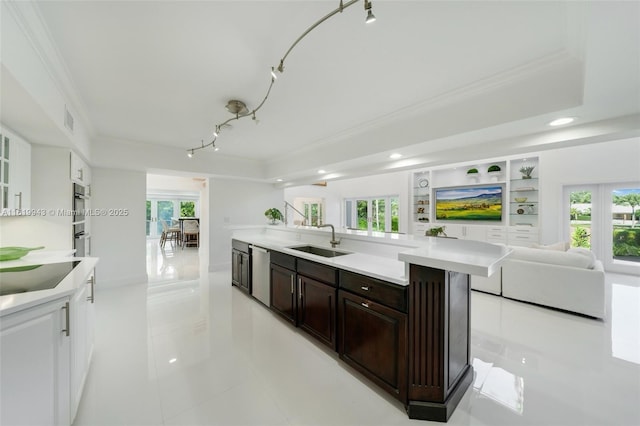 kitchen with crown molding, stainless steel dishwasher, plenty of natural light, and sink