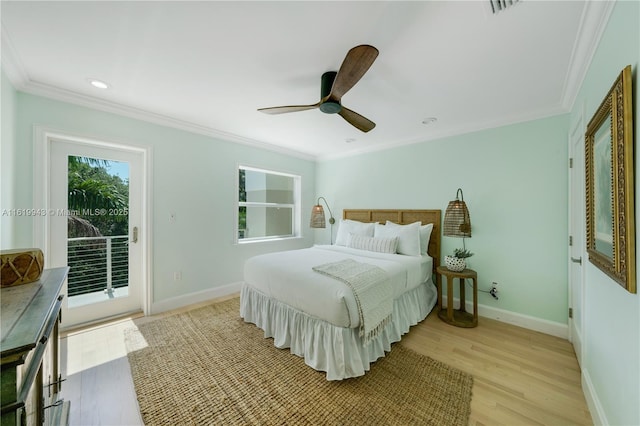 bedroom featuring ceiling fan, access to exterior, crown molding, and light hardwood / wood-style floors