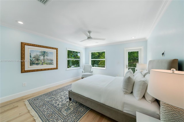 bedroom with ceiling fan, light wood-type flooring, access to outside, and ornamental molding