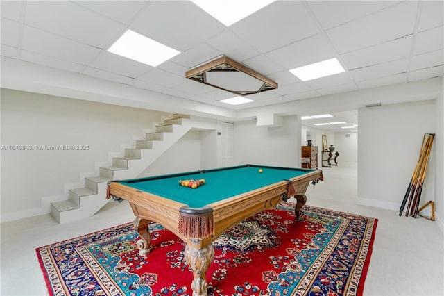 game room with billiards and a paneled ceiling