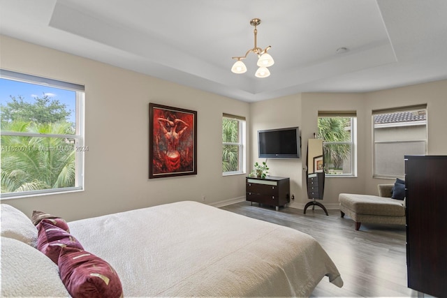 bedroom featuring multiple windows, hardwood / wood-style floors, a chandelier, and a tray ceiling