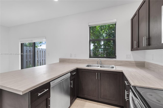 kitchen featuring dark brown cabinets, appliances with stainless steel finishes, sink, and kitchen peninsula