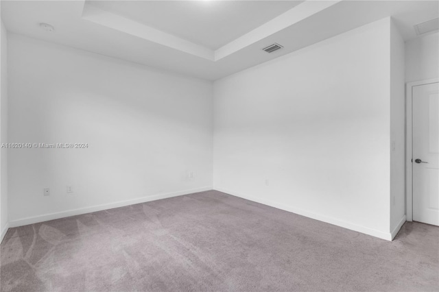 carpeted empty room featuring a raised ceiling