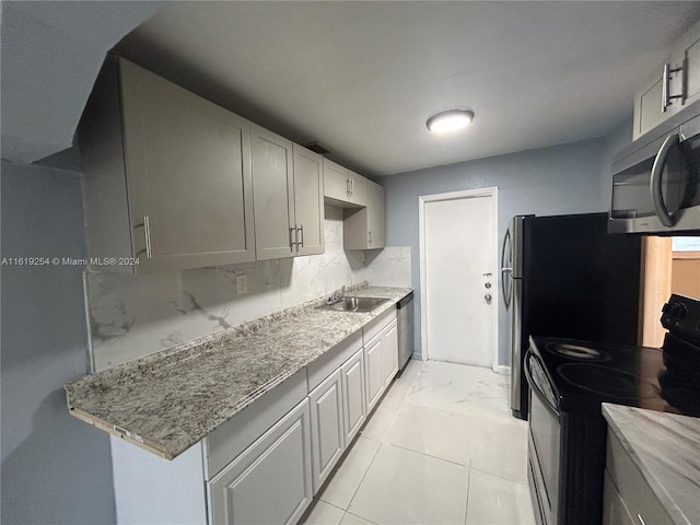 kitchen with decorative backsplash, electric range, gray cabinetry, and sink