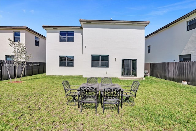 back of property featuring a fenced backyard, a lawn, and stucco siding