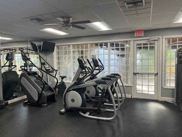 gym with a paneled ceiling, ceiling fan, and a wealth of natural light