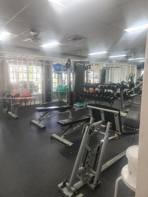 workout area featuring ceiling fan