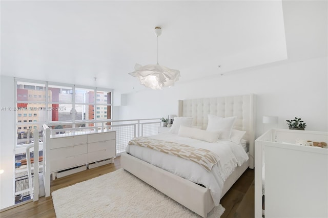 bedroom featuring light hardwood / wood-style floors, a notable chandelier, a baseboard radiator, and expansive windows