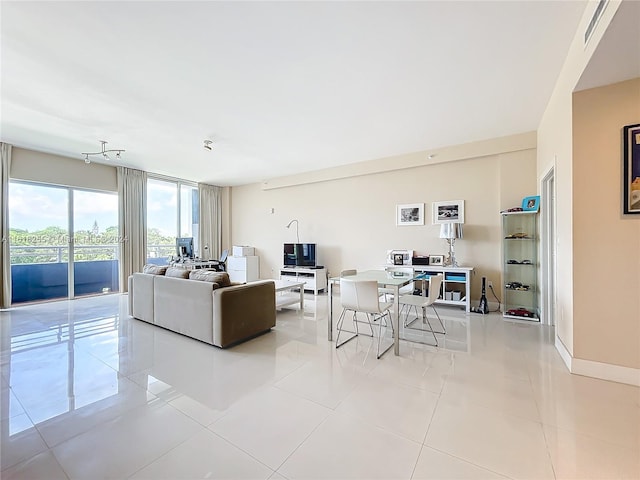 living room featuring light tile patterned floors