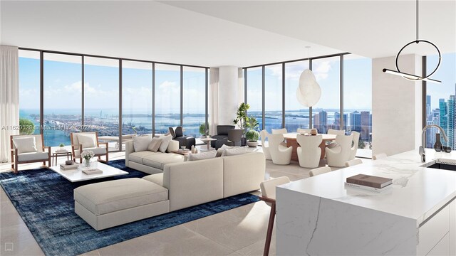 tiled living room with a water view, expansive windows, and sink