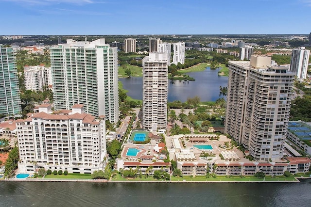 birds eye view of property featuring a water view