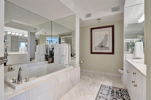 full bathroom with tile patterned floors, vanity, toilet, and plus walk in shower