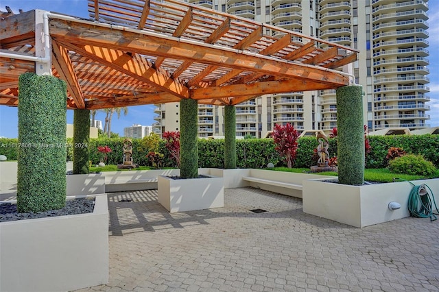 view of community featuring a pergola and a patio