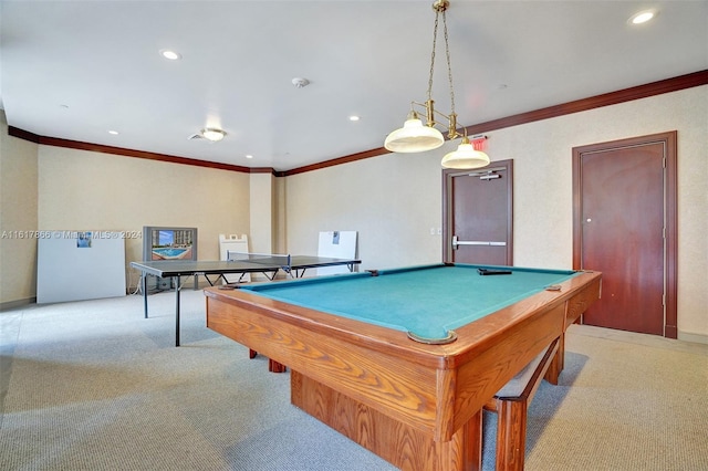 recreation room featuring light colored carpet, pool table, and ornamental molding