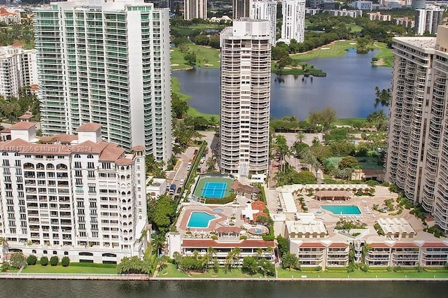 drone / aerial view with a water view