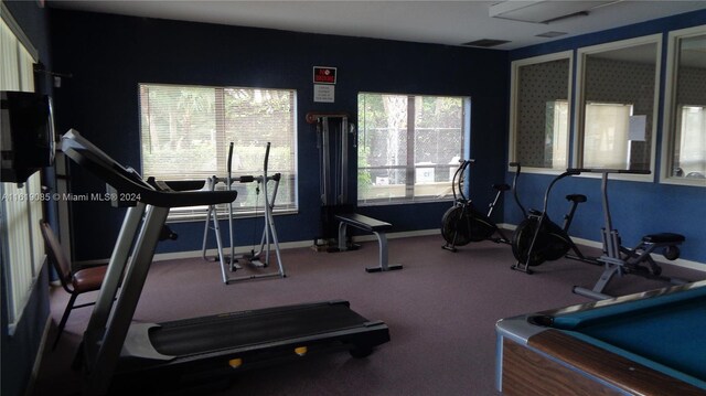 exercise room with carpet flooring and pool table