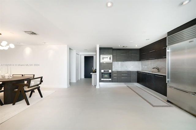 kitchen featuring finished concrete flooring, light countertops, built in appliances, modern cabinets, and backsplash