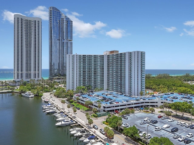 bird's eye view with a water view